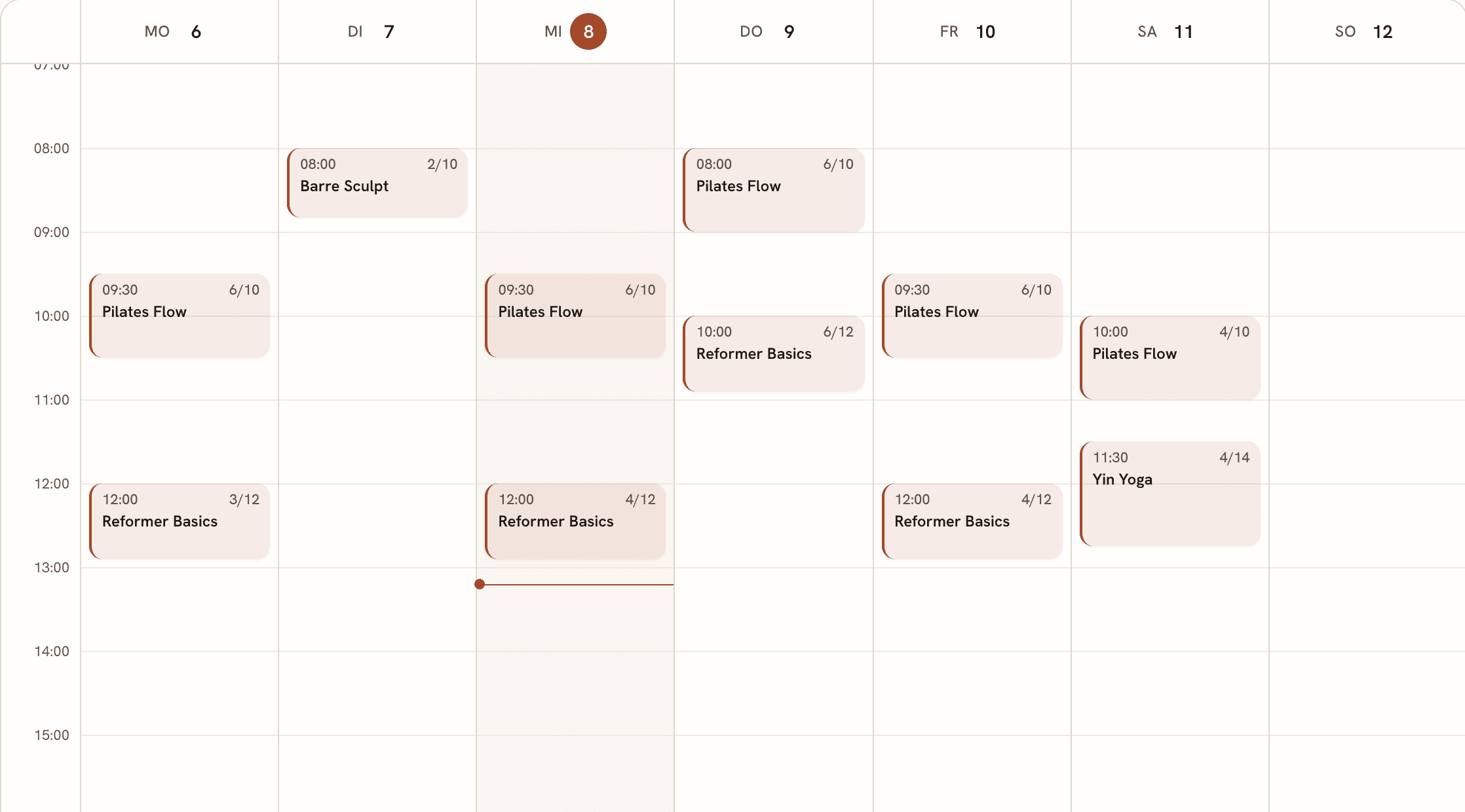 Echter Blick in die App: Wochenkalender mit Kursterminen und Buchungsstand im StudioHero-Dashboard