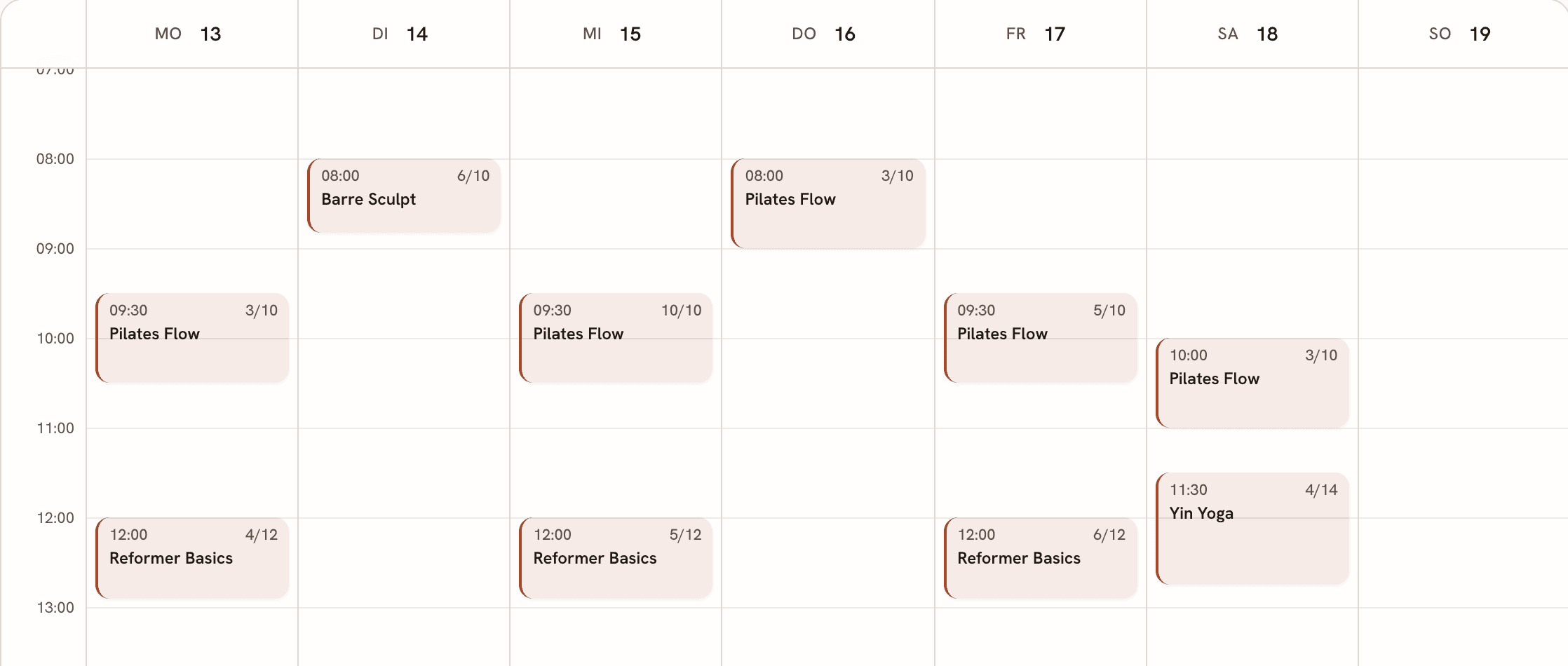 Kalender-Wochenansicht im StudioHero-Dashboard: Kurstermine Mo–Sa mit Buchungsstand pro Termin