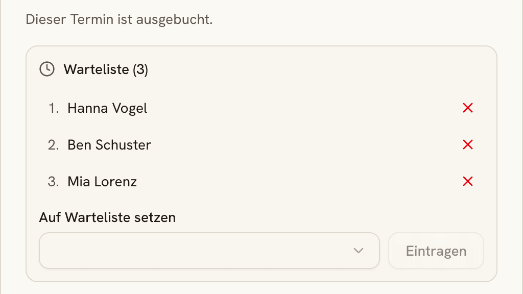 Warteliste eines ausgebuchten Kurses in StudioHero: nummerierte Liste der wartenden Mitglieder