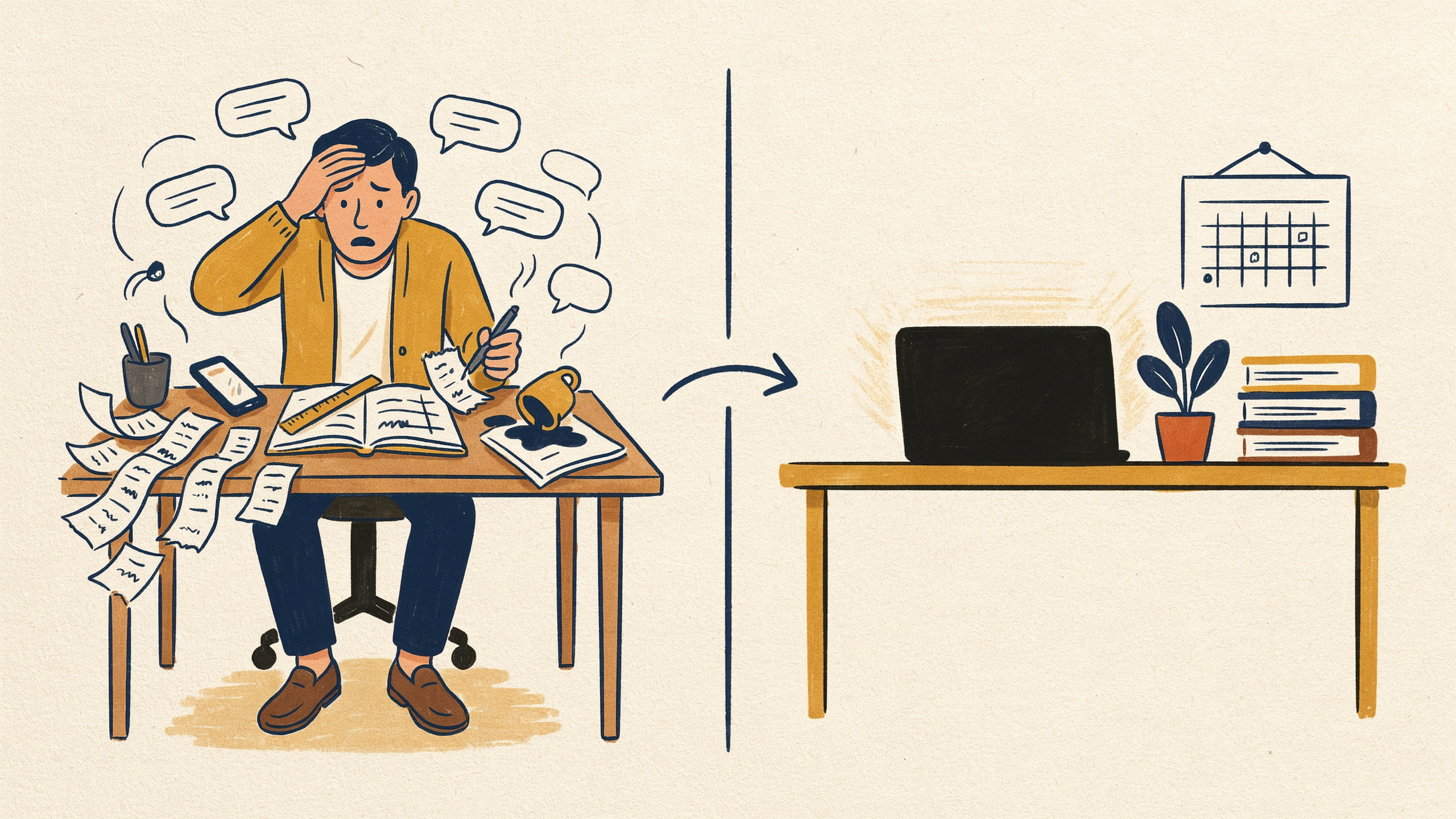 Illustration einer Studioinhaberin, die mit Excel, WhatsApp und manuellen Zahlungen jongliert