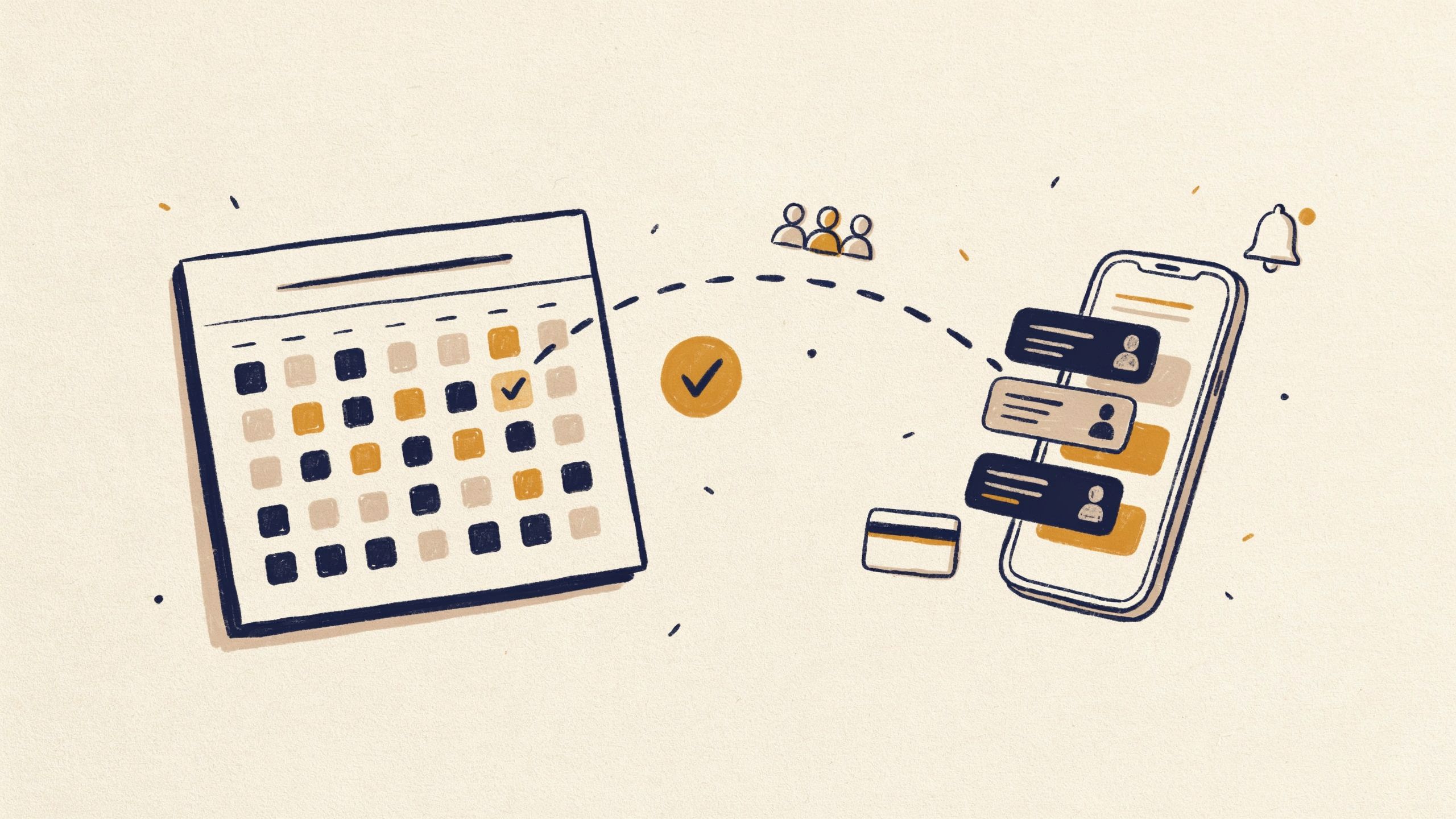 Konzeptillustration: ein Kursbuchungssystem übernimmt automatisch Anmeldungen, Plätze und Zahlungen im Hintergrund