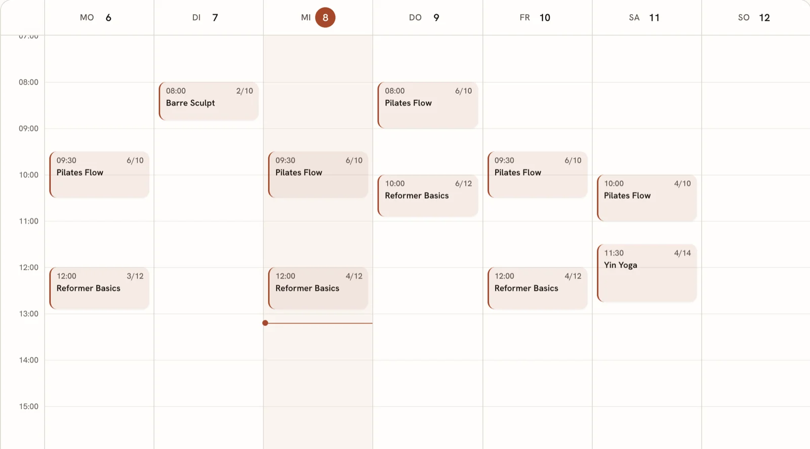 Wochenplan in StudioHero: Pilates Flow, Reformer Basics, Barre Sculpt und Yin Yoga mit freien Plätzen pro Kurs