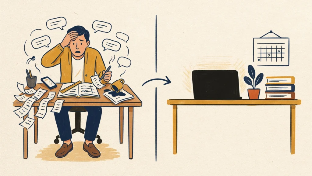Illustration einer Studioinhaberin, die mit Excel, WhatsApp und manuellen Zahlungen jongliert
