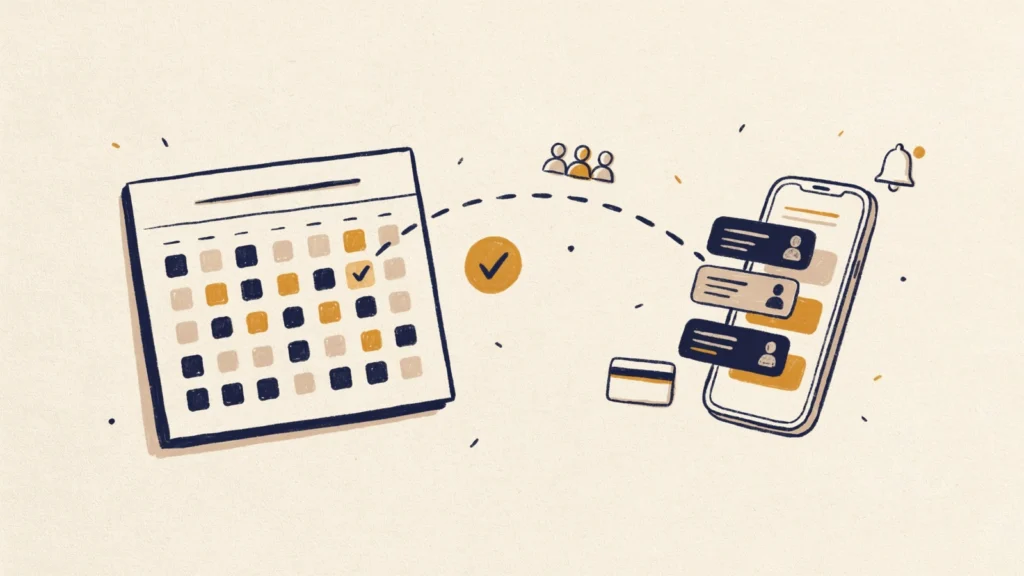Konzeptillustration: ein Kursbuchungssystem übernimmt automatisch Anmeldungen, Plätze und Zahlungen im Hintergrund