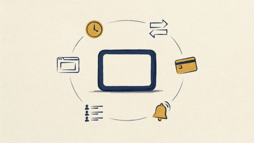 Illustration der wichtigsten Muss-Funktionen eines Kursbuchungssystems wie 24/7-Buchung, Warteliste und Zahlung